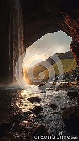 The Majestic View of the Waterfall Coming out of the Cave as the Stock Photo