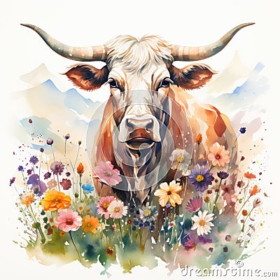 Majestic Watercolor Bull Standing Powerfully Amidst Fields of Wildflowers AI Generated Cartoon Illustration