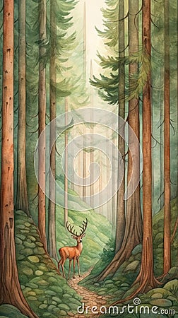 Majestic Watercolor Forest Landscape with Pine Trees and Deer. Stock Photo
