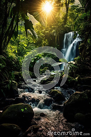 Majestic waterfall in dense tropical rainforest and sunlight Stock Photo