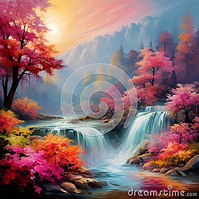 Majestic Waterfall in Impressionist Style Stock Photo