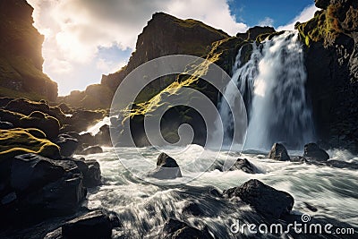 Majestic Waterfall Surges Through Rivers Heart, The perfect view of the famous powerful Gljufrabui cascade in sunlight, A dramatic Stock Photo