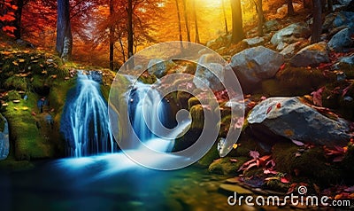 Majestic waterfall with vibrant streams and rainbow mist Creating using generative AI tools Stock Photo