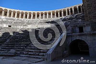 Majestic and well preserved Roman theatre in ancient city Aspendos, Turkey - inside view Stock Photo