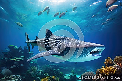 Majestic Whale Gliding Above Vibrant Coral Reef in Ocean, Whale shark, Rhincodon typus, in a tropical coral reef, AI Generated Stock Photo