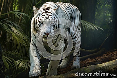 Majestic white Bengal tiger, freely roaming its natural forest habitat amidst lush foliage, exudes a sense of pride Stock Photo