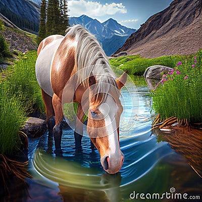 Majestic White Equine Oasis by a Mountain Stream, Hyperrealistic and Picturesque, Made with Generative AI Stock Photo