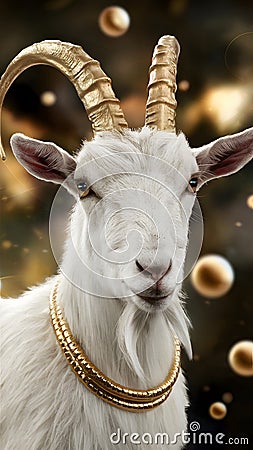 Majestic white goat with golden horns wears necklace in magical, ethereal setting. Stock Photo