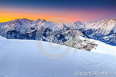 Majestic winter landscape and fantastic sunset,Alpe d Huez,France,Europe Stock Photo
