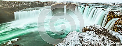 Majestic winter morning panoramic scene on the Godafoss, Waterfall of god, Iceland, Europe. Natural beauty as background Stock Photo