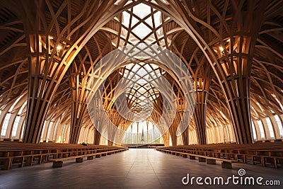 Majestic Wooden interior cathedral. Generate Ai Stock Photo