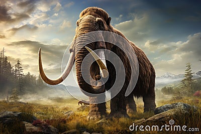 A majestic wooly mammoth stands in a vast field of green grass, Prehistoric mammoth, an ancient giant creature, AI Generated Stock Photo