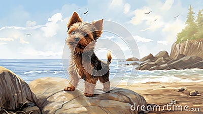 Majestic Yorkshire Terrier Dog On The Beach: Digital Illustration Cartoon Illustration