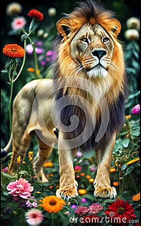 Majesty Amidst Blooms: A Tiger's Reverie in the Flower Garden Stock Photo