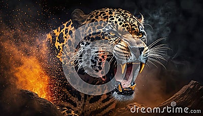 The Majesty of the Beast: An Angry Jaguar with Fire and Smoke, Apex Predator, Generative AI Stock Photo