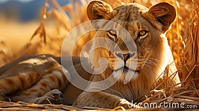 Majesty of a lioness resting in the golden savannah grass, with a backdrop of acacia trees and the African wilderness. Generative Stock Photo