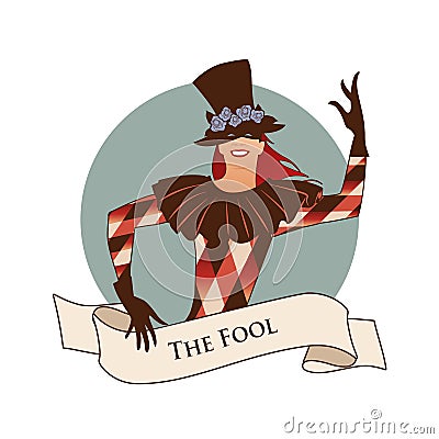 Major Arcana Emblem Tarot Card. The Fool. Joker with top hat decorated with flowers, mask and rhombus suit dancing, isolated on wh Stock Photo