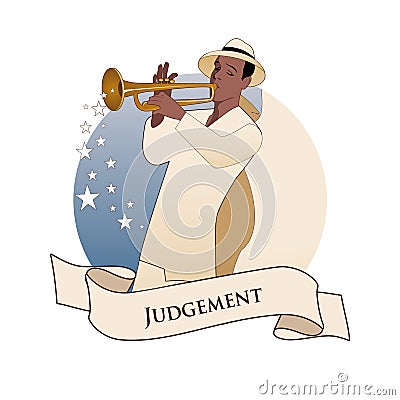 Major Arcana Emblem Tarot Card. Judgement. Archangel with great wings, wearing hat playing the trumpet, isolated on white backgrou Stock Photo