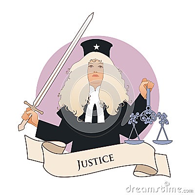 Major Arcana Emblem Tarot Card. Justice. Woman dressed in a wig and judge`s clothes, holding a sword in one hand and a scale in a Stock Photo