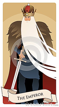 Major Arcana Tarot Cards. The Emperor. Man with crown and long white beard, fur cape and sword at the waist Vector Illustration