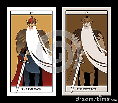 Major Arcana Tarot Cards. The Emperor. Man with crown and long white beard, fur cape and sword at the waist Stock Photo