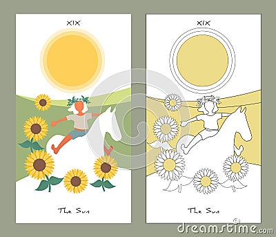 Major Arcana Tarot Cards. Stylized design. The Sun. Boy riding a pony in the sunshine over a field of sunflowers Vector Illustration