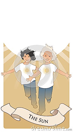 Major Arcana Tarot Cards. The Sun. Two happy twin boys running with open arms in front of the sun Vector Illustration