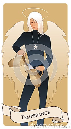 Major Arcana Tarot Cards. Temperance. Angel with appearance and clothes of young man, great wings, hair fair, pouring water from o Stock Photo