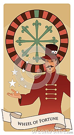 Major Arcana Tarot Cards. The Wheel of Fortune. Master of ceremonies with mustache, wearing top hat adorned with playing cards Stock Photo
