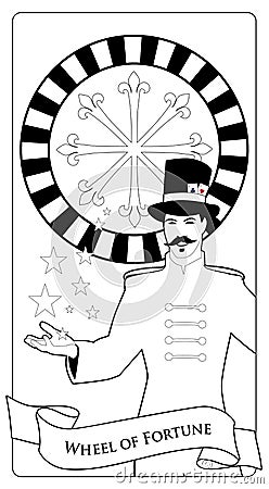 Major Arcana Tarot Cards. The Wheel of Fortune. Master of ceremonies with mustache, wearing top hat adorned with playing cards Stock Photo