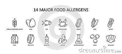 14 major food allergens icon. Vector set of 14 icons with editable stroke. Collection includes gluten, fish, egg, crustacean, Vector Illustration