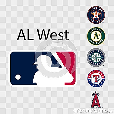 Major League Baseball MLB. American League AL. Al West. Houston Astros, Oakland Athletics, Los Angeles Angels, Texas Rangers, Vector Illustration