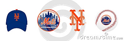 Major League Baseball MLB 2023. National League NL. NL East. New York Mets. Logos, cap and ball with logo. Kyiv, Ukraine - Mar 14 Vector Illustration