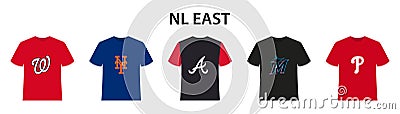 Major League Baseball MLB 2023. National League NL. NL East. New York Mets, Philadelphia Phillies, Atlanta Braves, Miami Marlins, Vector Illustration