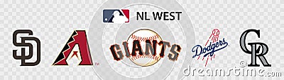 Major League Baseball MLB. National League NL. NL West. San Diego Padres, Arizona Diamondbacks, San Francisco Giants, Los Angeles Vector Illustration