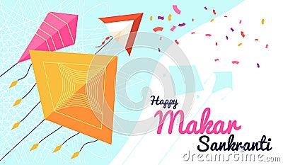 Makar sankranti banner. Festival promotional poster, happy celebration background with flying kites. Asian indian party Vector Illustration