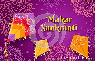 Makar Sankranti festival. Happy Indian sun celebration day poster with flying kites. Sankrant harvest greeting card or Vector Illustration