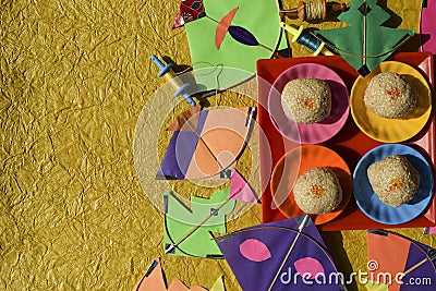 Makar sankranti festival theme background posters. Blank space to write tet fonts and greetings wishes. Uttarayan wishes photos of Stock Photo