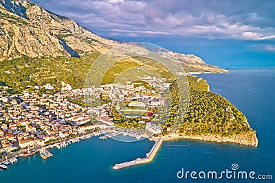 Makarska. Aerial view of Nugal in Town of Makarska and Biokovo mountain Stock Photo