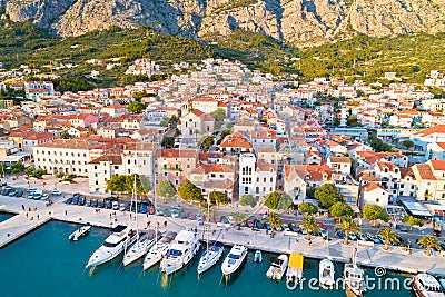 Makarska. Aerial view of Town of Makarska waterfront Riva Stock Photo