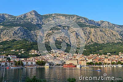 View of Makarska city center from the sea. Adriatic Sea coast, Dalmatia, Croatia Editorial Stock Photo