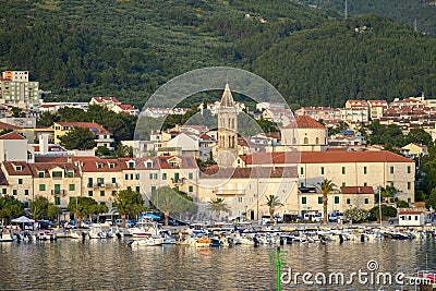 View of Makarska city center from the sea. Adriatic Sea coast, Dalmatia, Croatia Editorial Stock Photo