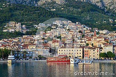 View of Makarska city center from the sea. Adriatic Sea coast, Dalmatia, Croatia Editorial Stock Photo