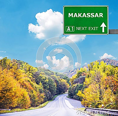 MAKASSAR road sign against clear blue sky Stock Photo