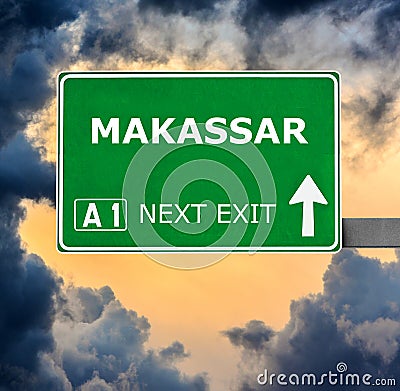 MAKASSAR road sign against clear blue sky Stock Photo