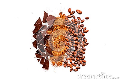 Make chocolate. Cocoa powder near cocoa beans and pieces of chocolate on white background top view copy space Stock Photo