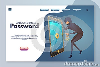 Make a composit password landing page template. Password cracking flat vector illustration isolated on white background Vector Illustration