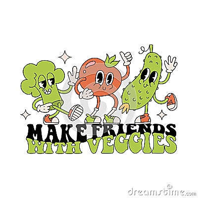 Make friends with veggies - sticker concept. Characters vegetables in retro cartoon style, funny colorful mascots - Vector Illustration