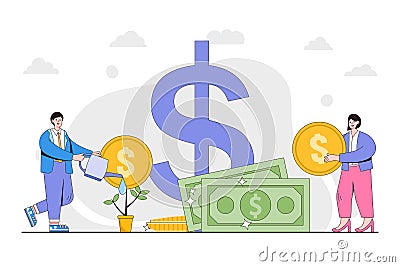 Make money and earn profit in business concept. Businessman colleagues watering money plants and businesswoman holding stack of Vector Illustration