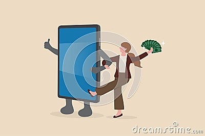 Make money from mobile app, bank transfer or smartphone payment application, investment or mobile banking concept, happy rich Vector Illustration